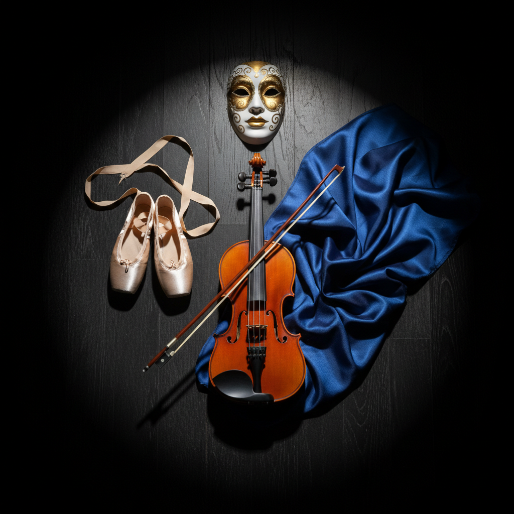 An abstract yet photographic still life representing global performing arts, arranged on a dark stage floor of matte ebony wood. At the center lies a beautifully crafted wooden violin with rich amber varnish, its bow resting gently across the strings. Surrounding it are a pair of lustrous satin pointe shoes, a folded indigo silk theater curtain, and a meticulously painted ceramic mask in white and gold. A single spotlight from above carves sharp, elegant highlights and deep, dramatic shadows, isolating the objects in a pool of light while the background dissolves into velvety black. Captured from a top-down perspective with sharp focus throughout, the composition is carefully balanced, evoking a sense of curated sophistication and the convergence of music, dance, and drama from around the world.