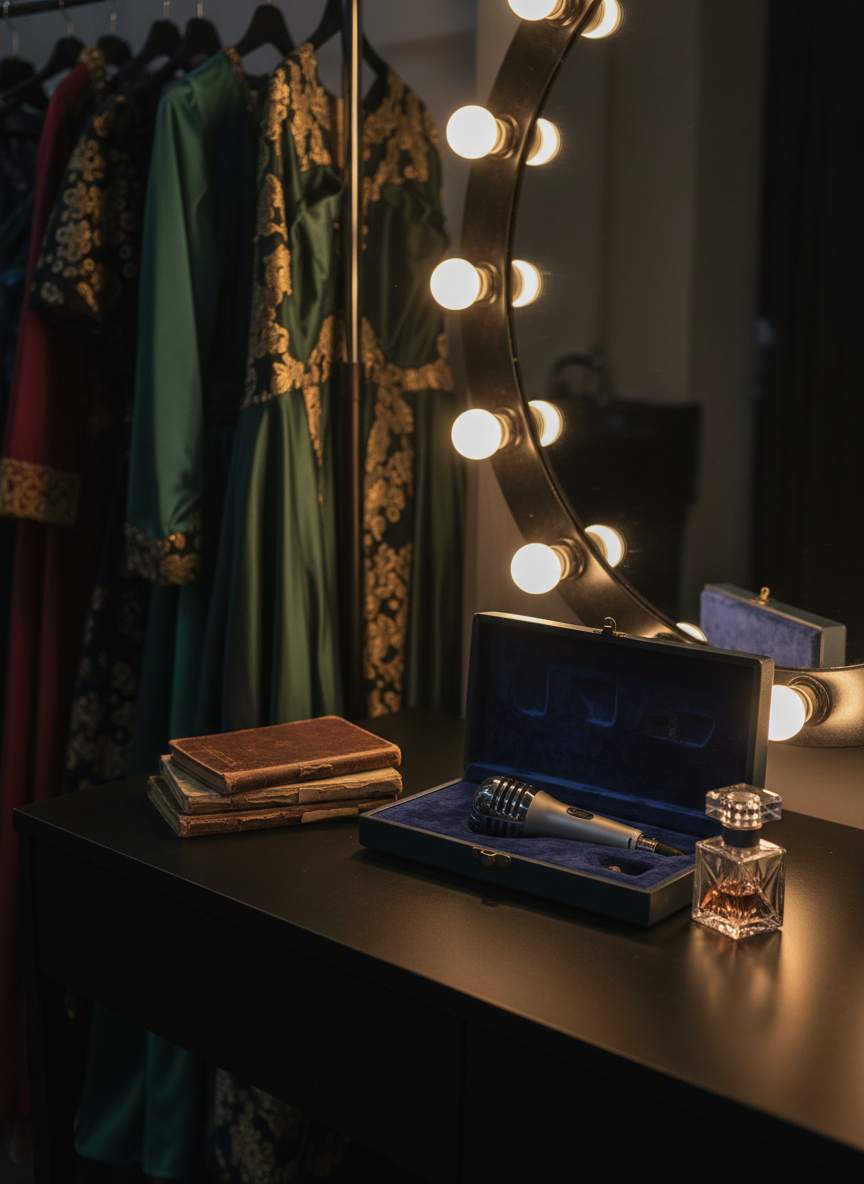 A minimalist backstage dressing table in photographic realism, arranged with meticulous elegance. A smooth black countertop supports a single silver microphone on a velvet-lined case, a stack of worn leather-bound scripts, and a crystal perfume bottle catching fragments of light. The mirror is framed by round, frosted bulbs, half of them softly glowing, casting a warm, flattering halo onto the glossy surfaces. In the blurred background, a rack of empty satin and brocade costumes hangs in shadow. Captured from a slightly elevated angle with a shallow depth of field, the focus rests on subtle textures: brushed metal, soft velvet, and polished glass. The atmosphere is intimate and contemplative, suggesting the quiet rituals that precede a performance, with a refined, sophisticated editorial aesthetic.